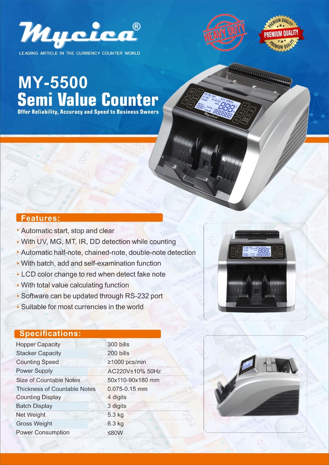 Mycica 5500 Semi Value Loose Note Counting Machine with Counterfeit Detection